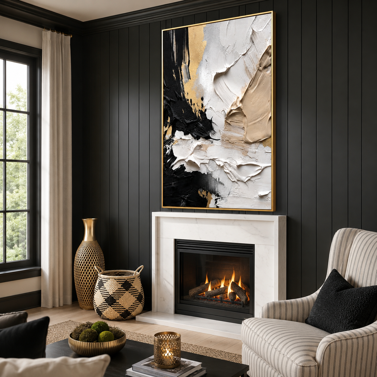 "Gilded Contrast" – Black White Gold Textured Abstract Painting