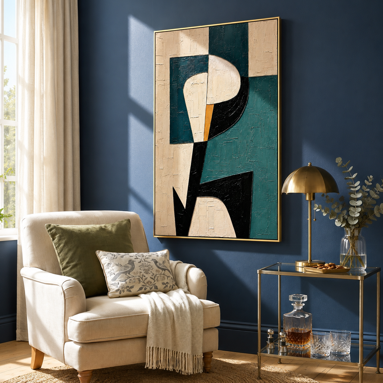 "Modern Muse" – Teal Black Geometric Figure Abstract Painting
