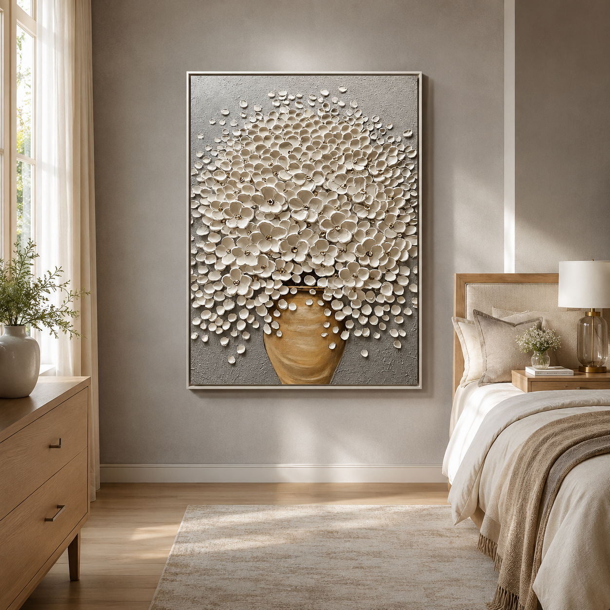 "Ivory Blossom Grace" – White Floral Vase Textured Oil Painting