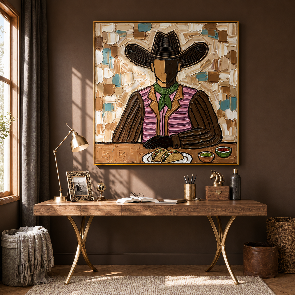 "Taco Cowboy" – Vintage Mexican Cowboy Textured Oil Painting