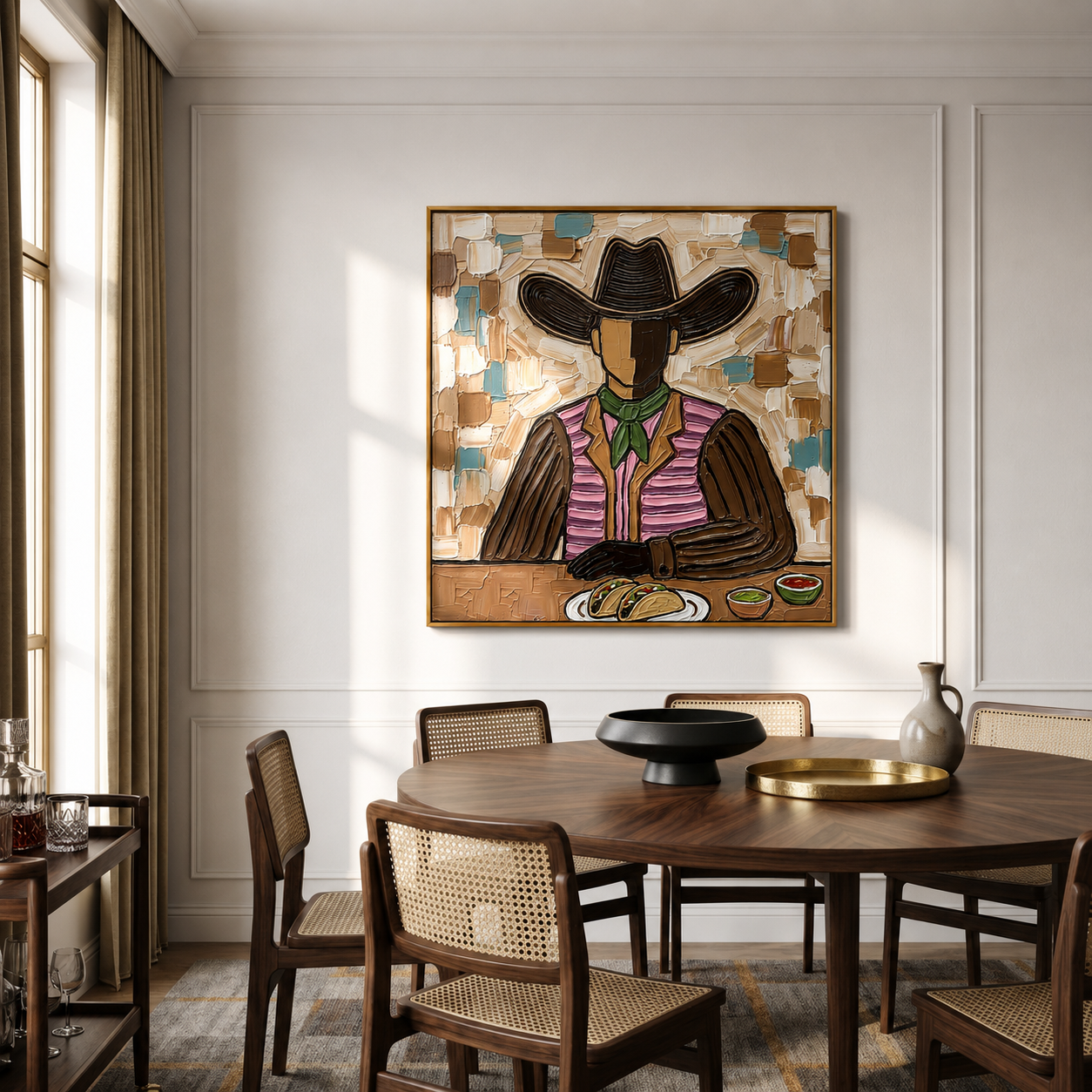 "Taco Cowboy" – Vintage Mexican Cowboy Textured Oil Painting