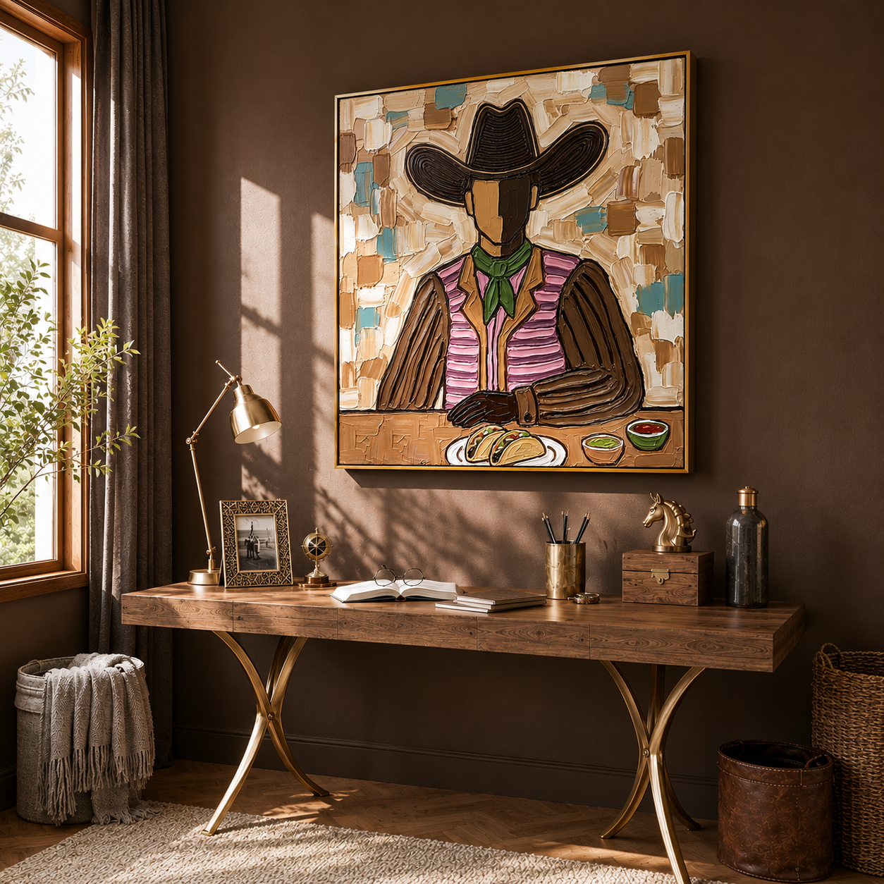 "Taco Cowboy" – Vintage Mexican Cowboy Textured Oil Painting