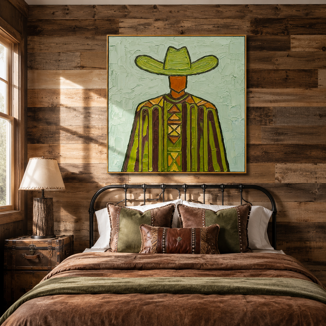 "Green Frontier" – Vintage Western Cowboy Textured Oil Painting