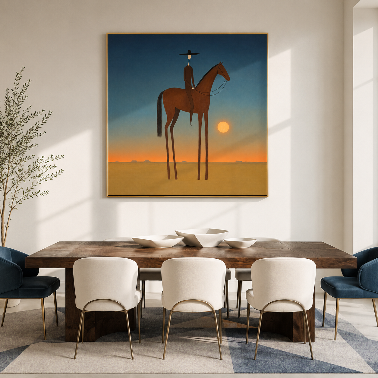"Moonlit Horizon" – Minimalist Western Cowboy Horse Oil Painting