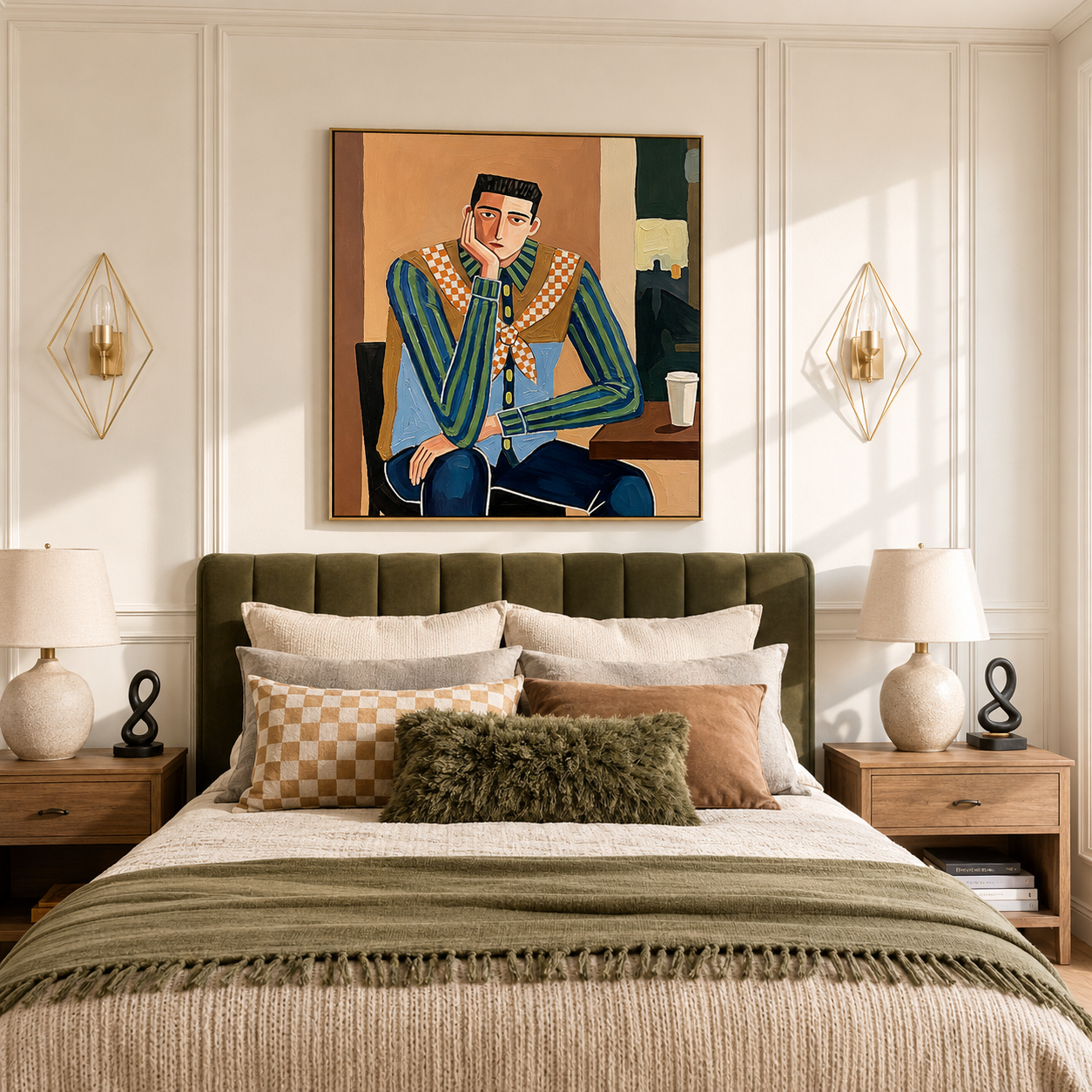 "Café Drifter" – Modern Western Man Oil Painting in Blue and Camel