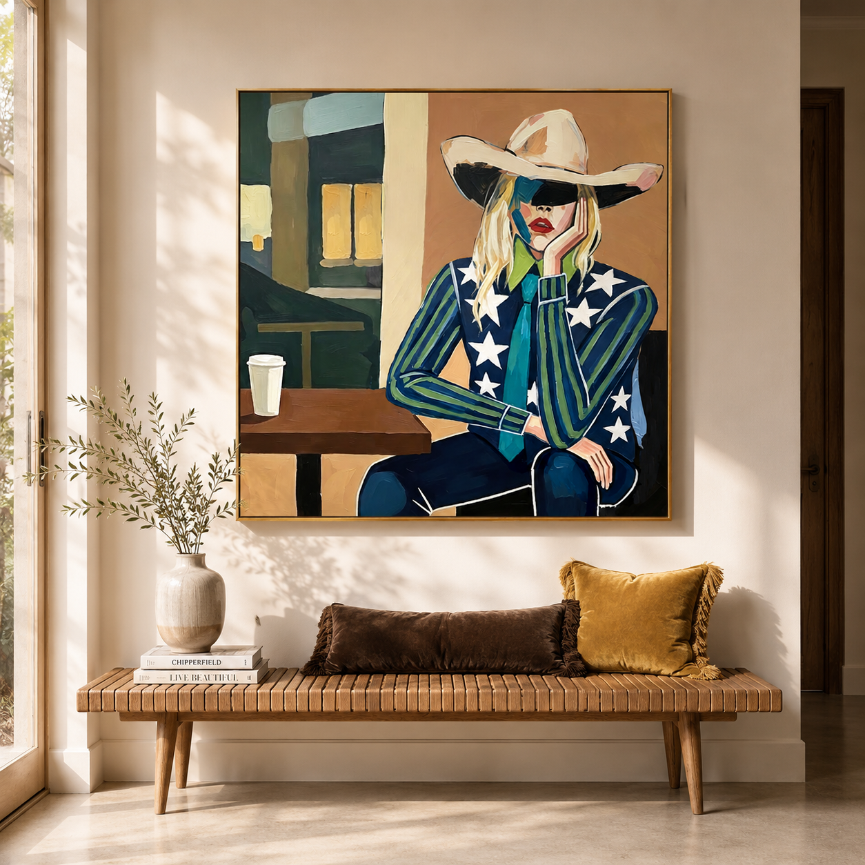 "Urban Cowgirl Muse" – Modern Western Woman Oil Painting in Navy and Teal