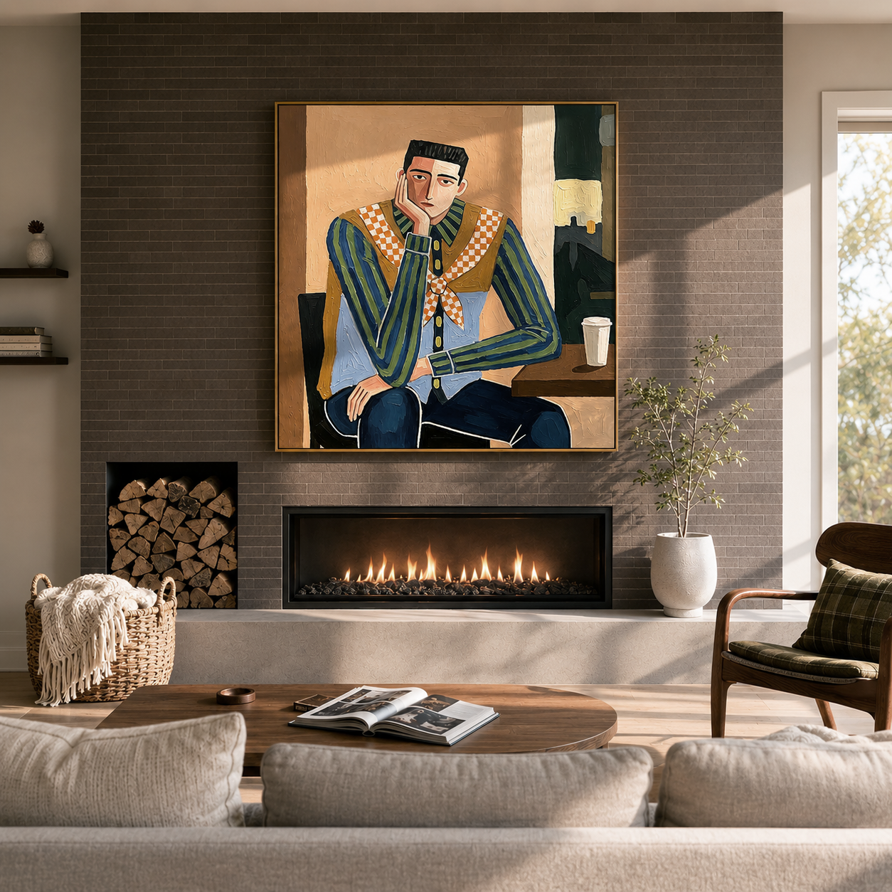 "Café Drifter" – Modern Western Man Oil Painting in Blue and Camel
