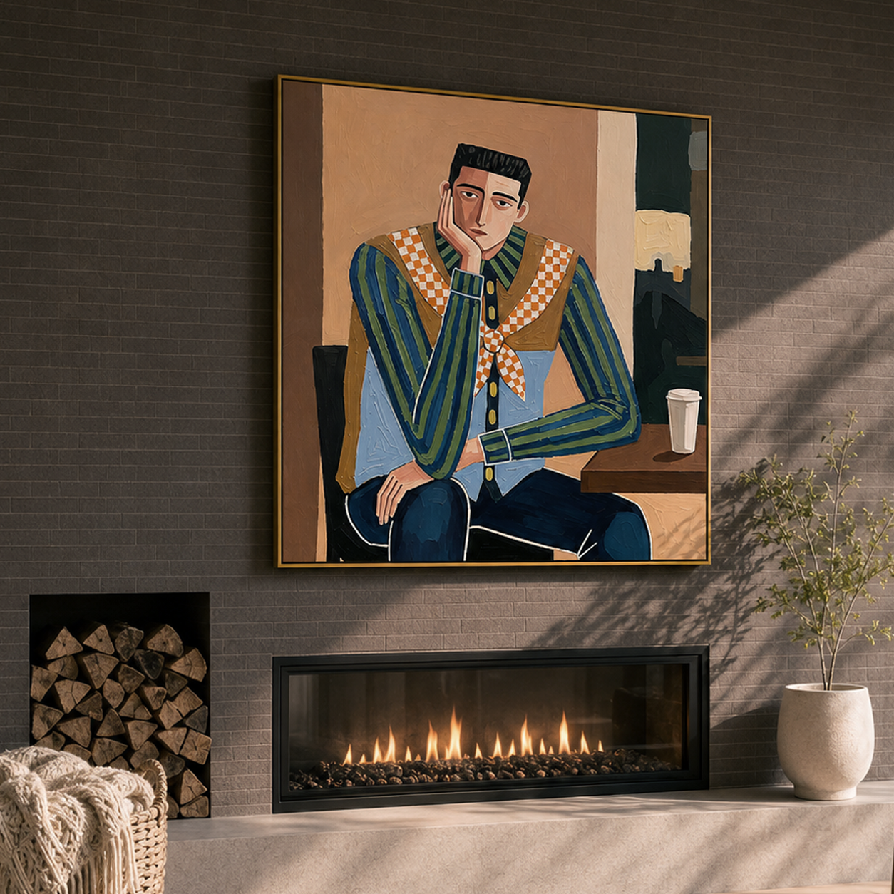 "Café Drifter" – Modern Western Man Oil Painting in Blue and Camel