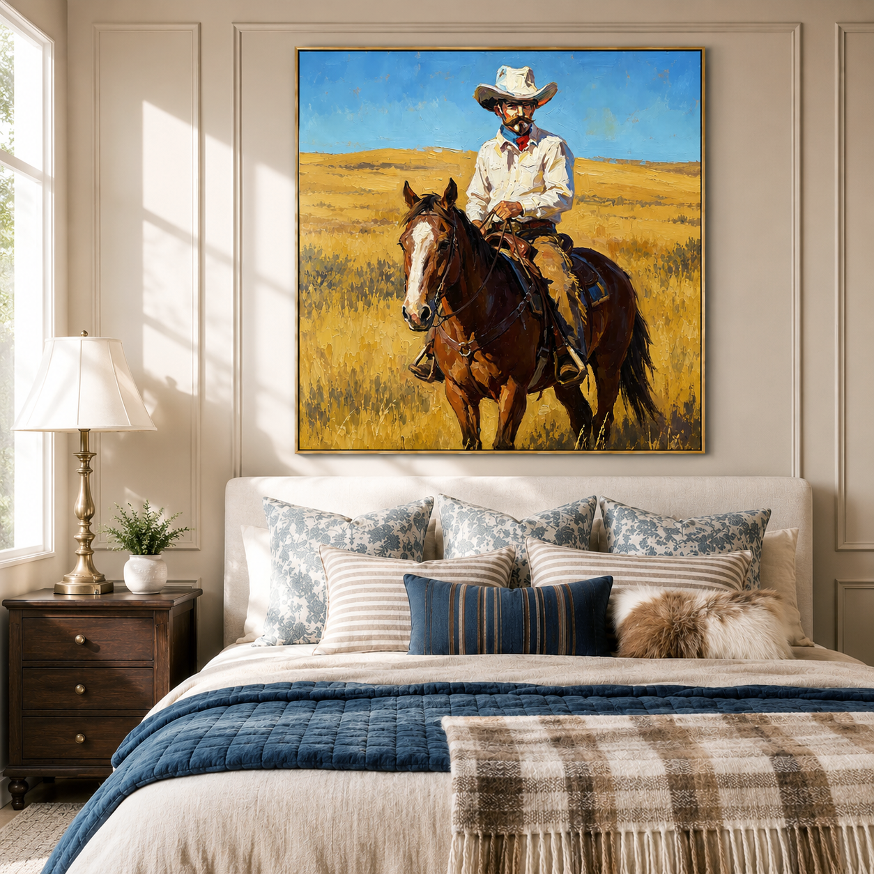 "Prairie Rider" – Western Cowboy Horse Oil Painting in Golden Grassland