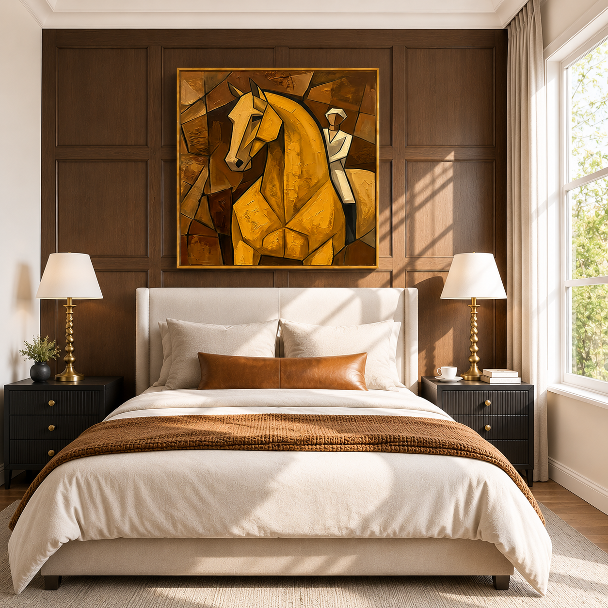 "Golden Equestrian" – Cubist Horse Rider Oil Painting in Warm Brown Tones