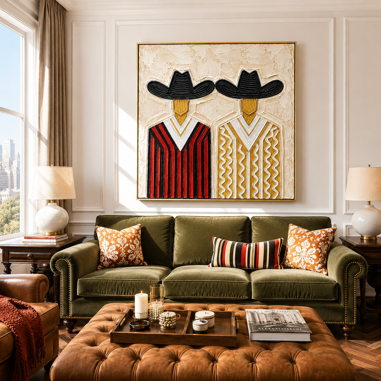 "Western Companions" – Dual Cowboy Textured Oil Painting in Red and Gold
