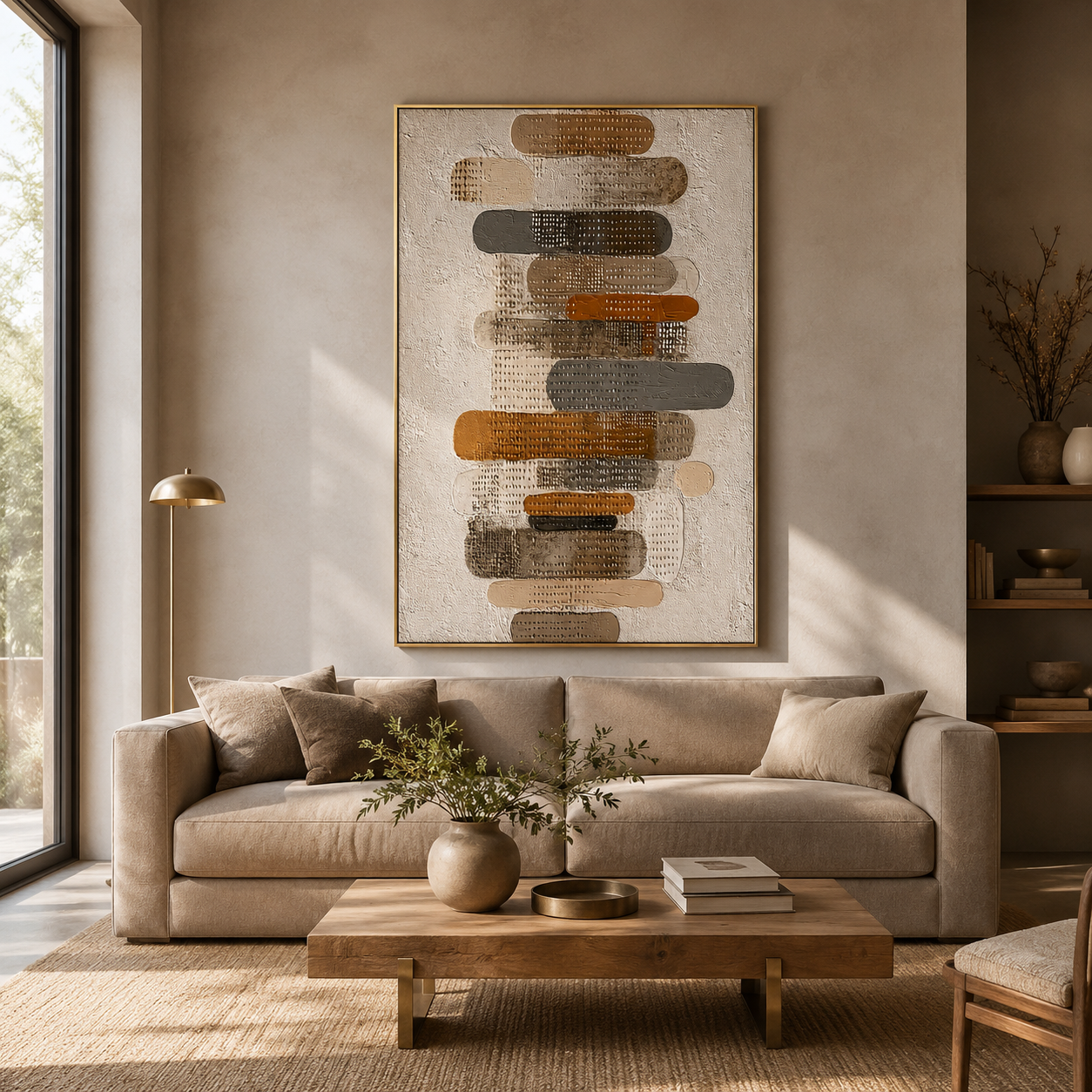 “Stacked Silence” – Neutral Geometric Wabi Sabi Impasto Oil Painting