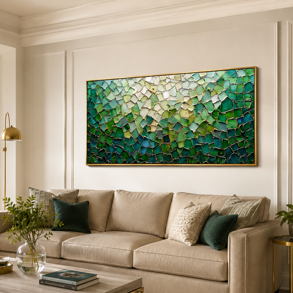 “Emerald Fragments” – Green Mosaic Abstract Impasto Oil Painting
