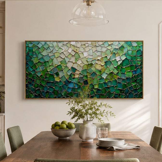 “Emerald Fragments” – Green Mosaic Abstract Impasto Oil Painting