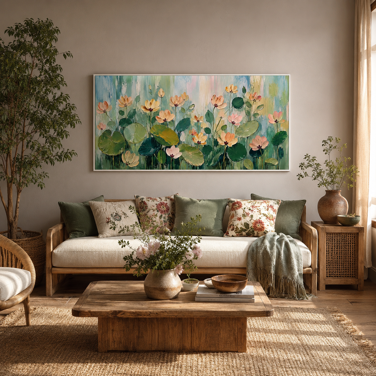 “Lotus Garden Serenade” – Soft Green Floral Impasto Oil Painting