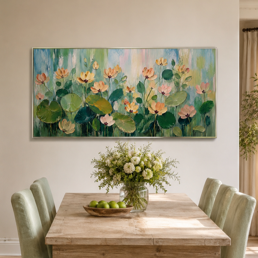 “Lotus Garden Serenade” – Soft Green Floral Impasto Oil Painting