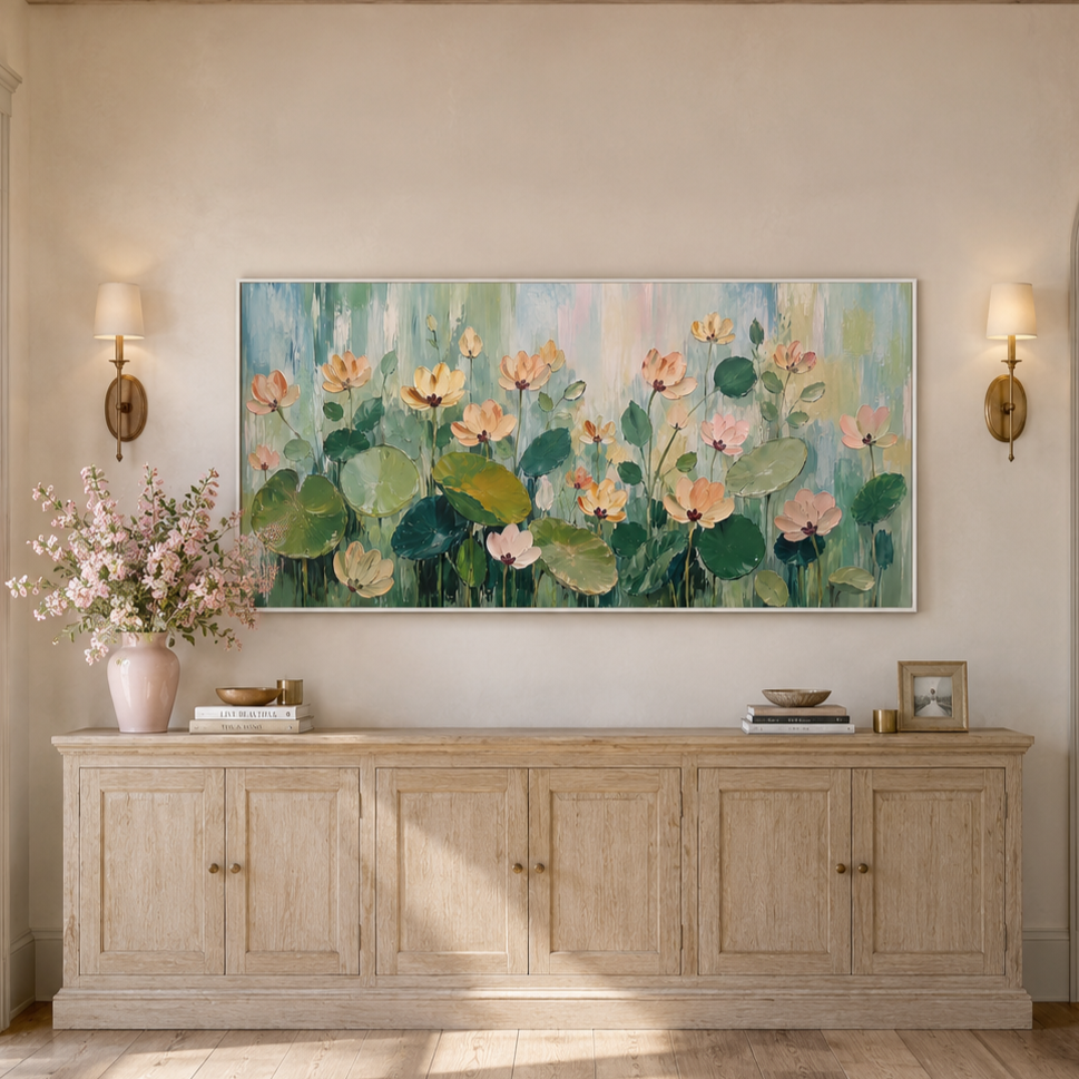 “Lotus Garden Serenade” – Soft Green Floral Impasto Oil Painting