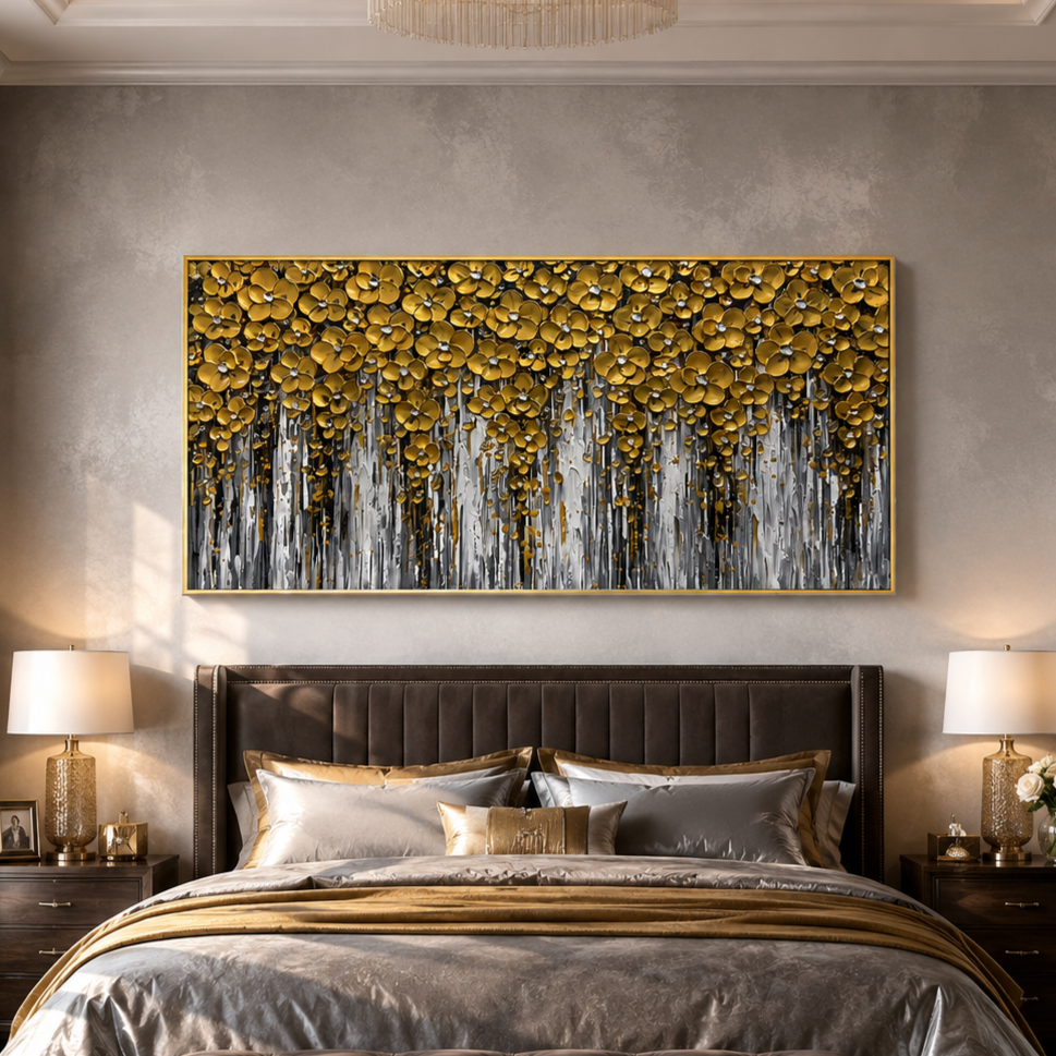 “Golden Bloom Cascade” – Luxury Floral Impasto Oil Painting