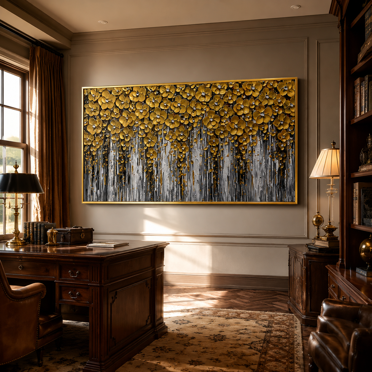 “Golden Bloom Cascade” – Luxury Floral Impasto Oil Painting