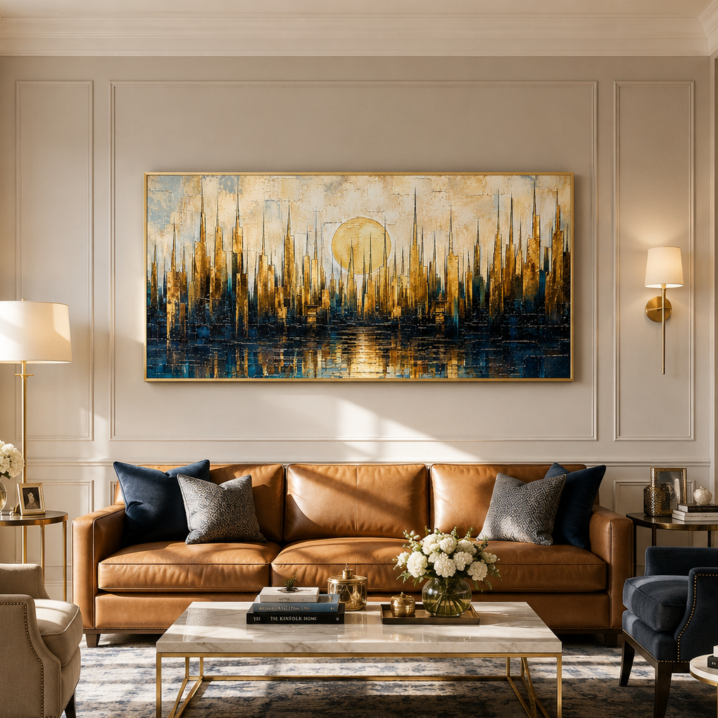 “Golden Metropolis” – Blue Gold Cityscape Impasto Oil Painting
