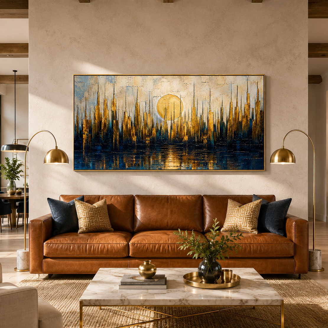“Golden Metropolis” – Blue Gold Cityscape Impasto Oil Painting