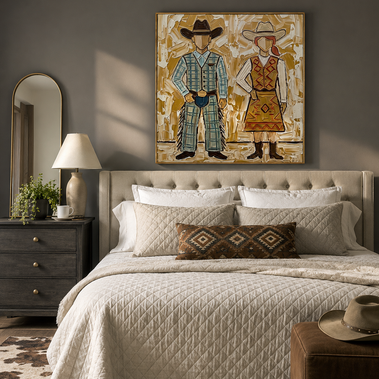 “Prairie Sweethearts” – Vintage Western Cowboy Couple Textured Oil Painting
