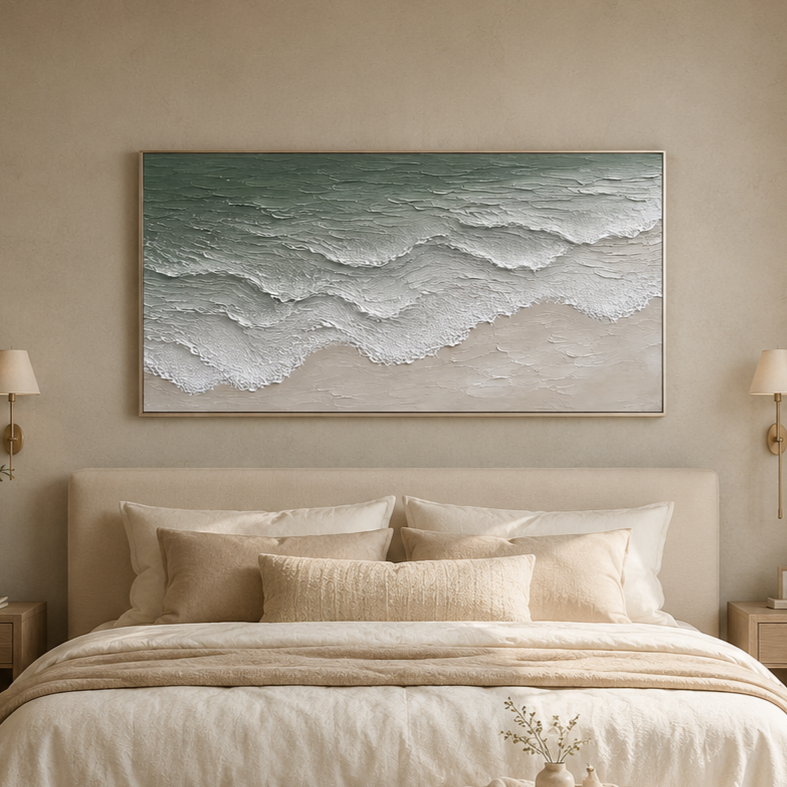 “Tidal Whisper” – Sage Green Coastal Wave Impasto Oil Painting