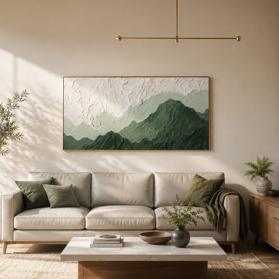“Verdant Stillness” – Green Mountain Wabi Sabi Impasto Oil Painting