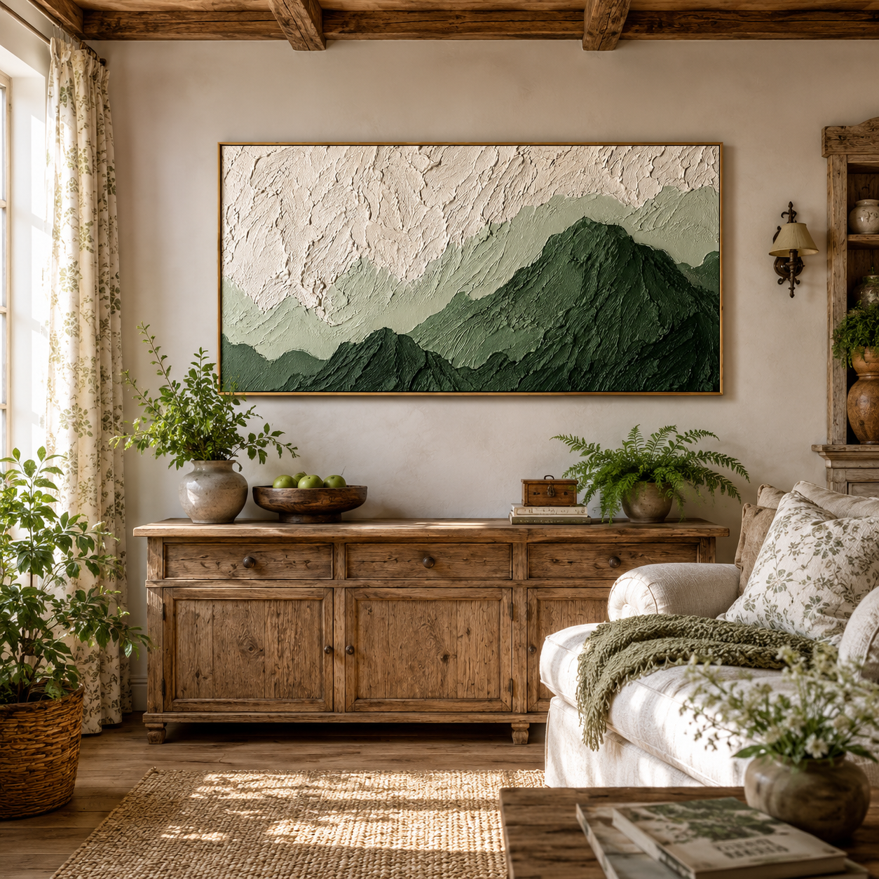 “Verdant Stillness” – Green Mountain Wabi Sabi Impasto Oil Painting