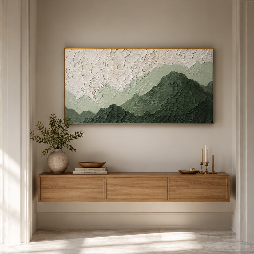 “Verdant Stillness” – Green Mountain Wabi Sabi Impasto Oil Painting
