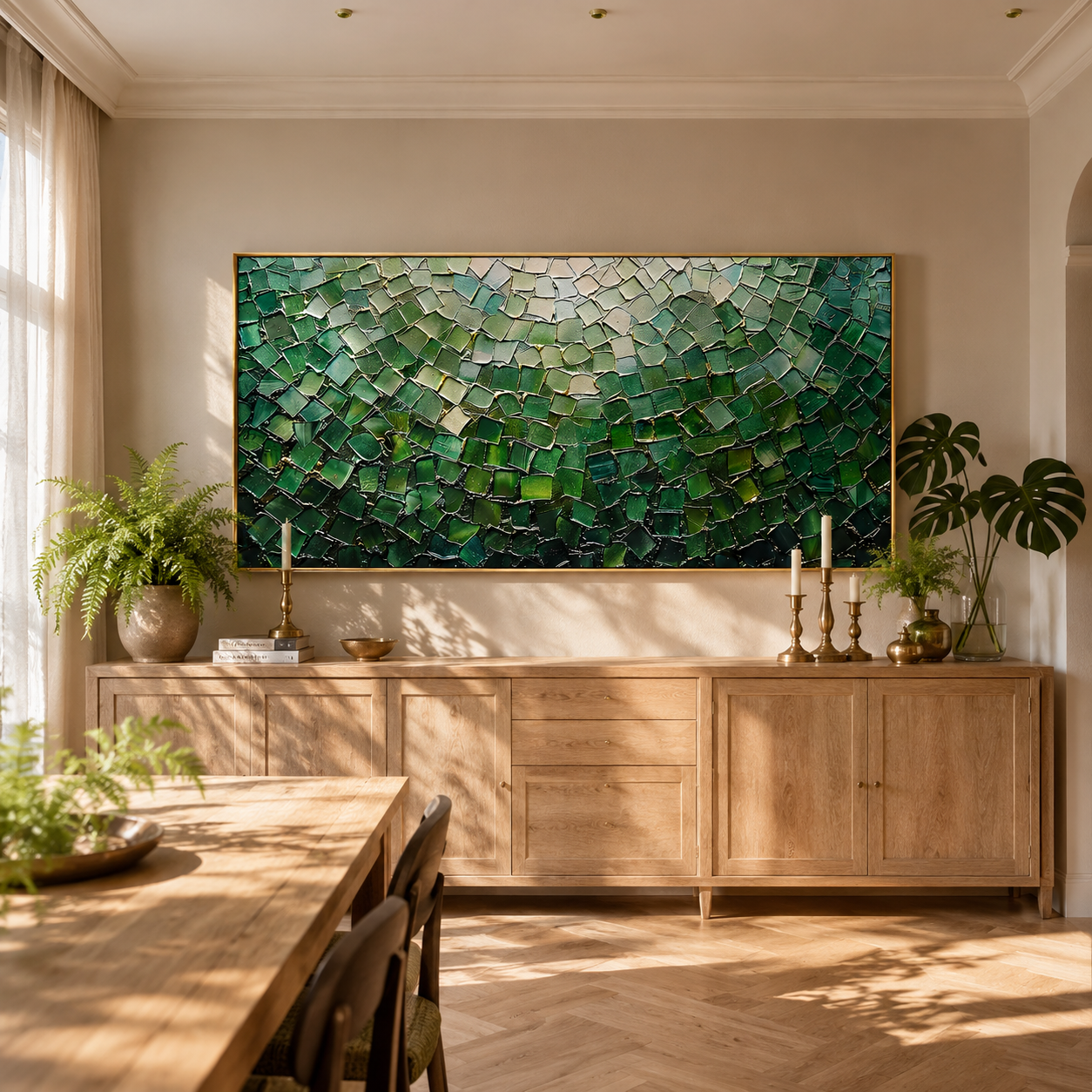 “Emerald Mosaic Light” – Green Abstract Impasto Oil Painting