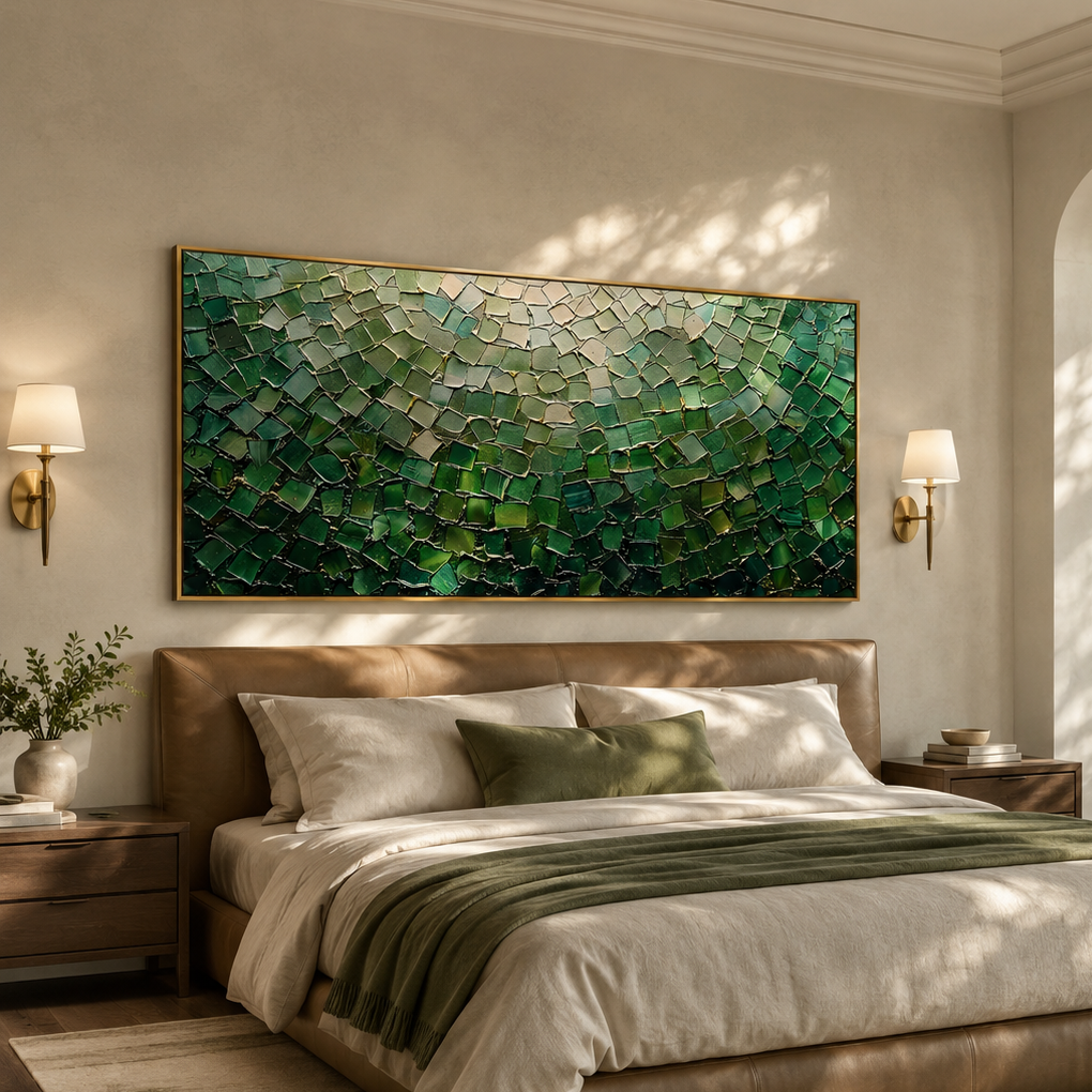 “Emerald Mosaic Light” – Green Abstract Impasto Oil Painting
