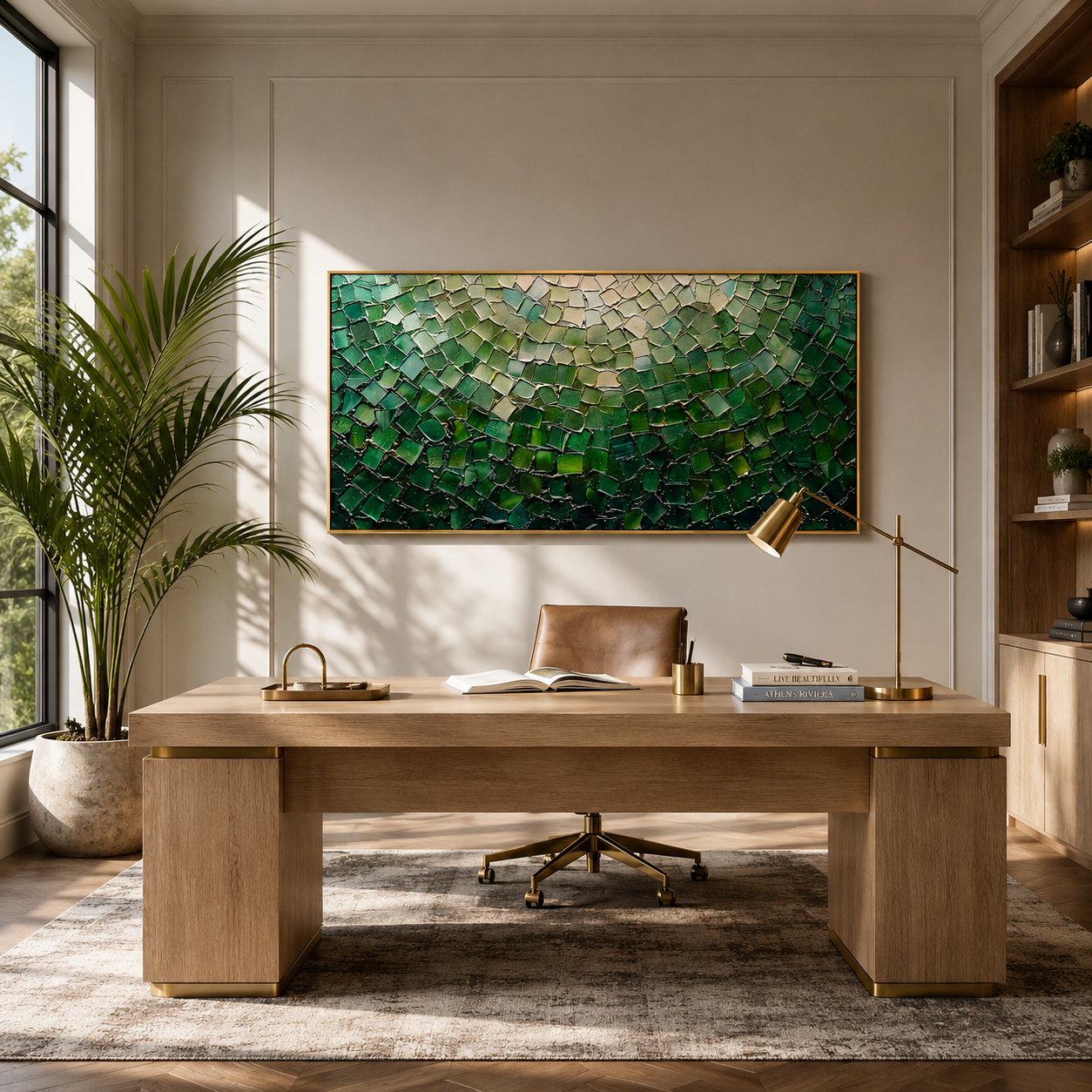 “Emerald Mosaic Light” – Green Abstract Impasto Oil Painting