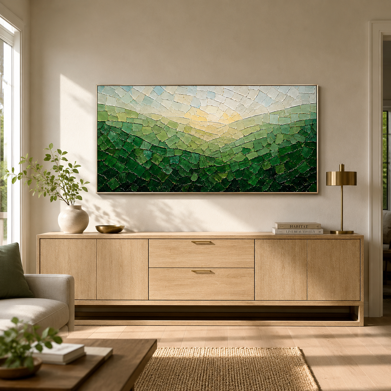 “Valley of Morning Light” – Green Mosaic Landscape Impasto Oil Painting