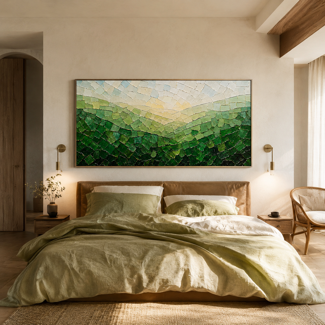 “Valley of Morning Light” – Green Mosaic Landscape Impasto Oil Painting