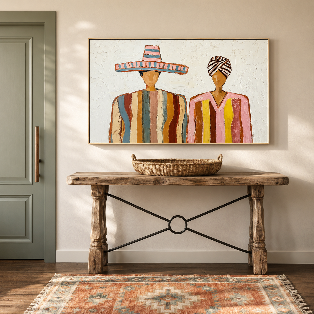 “Fiesta Companions” – Colorful Mexican Folk Impasto Oil Painting