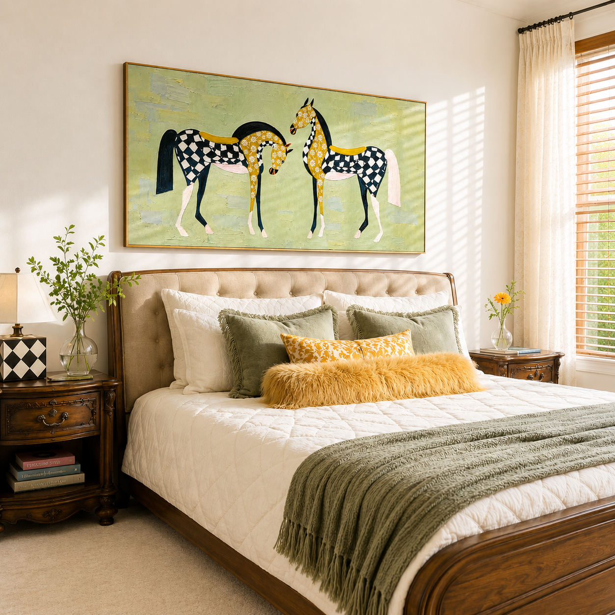 “Checkered Meadow Horses” – Whimsical Folk Horse Impasto Oil Painting