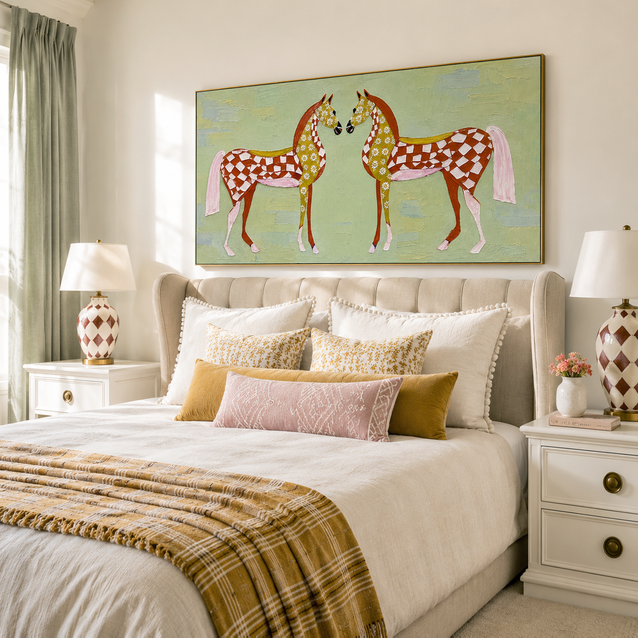 “Meadow Heart Horses” – Whimsical Folk Horse Impasto Oil Painting