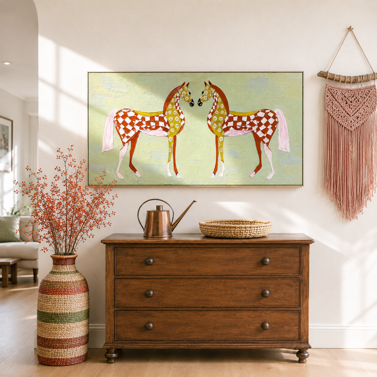“Meadow Heart Horses” – Whimsical Folk Horse Impasto Oil Painting