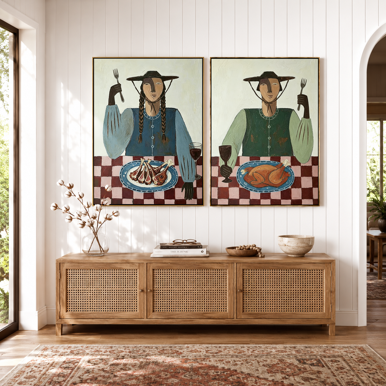 “The Rustic Feast” – Folk Art Dining Portrait Oil Painting Set