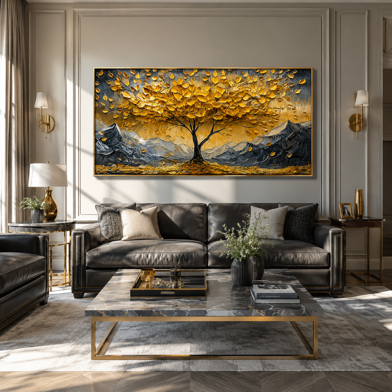 “Golden Abundance” – Textured Tree and Mountain Landscape Oil Painting