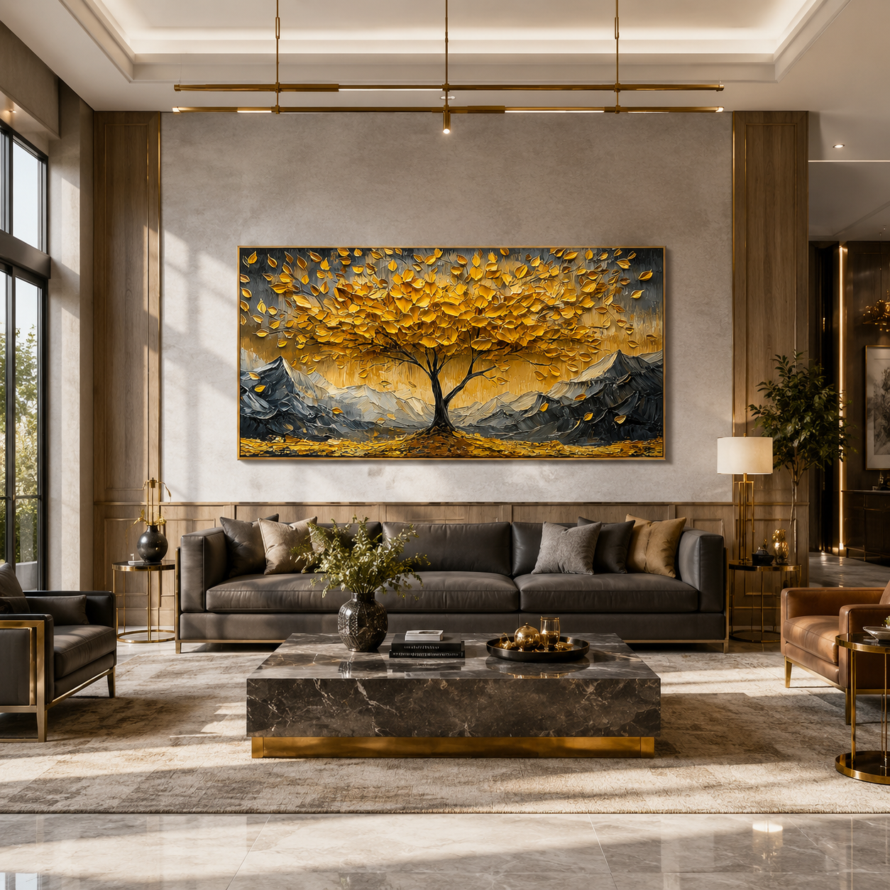 “Golden Abundance” – Textured Tree and Mountain Landscape Oil Painting
