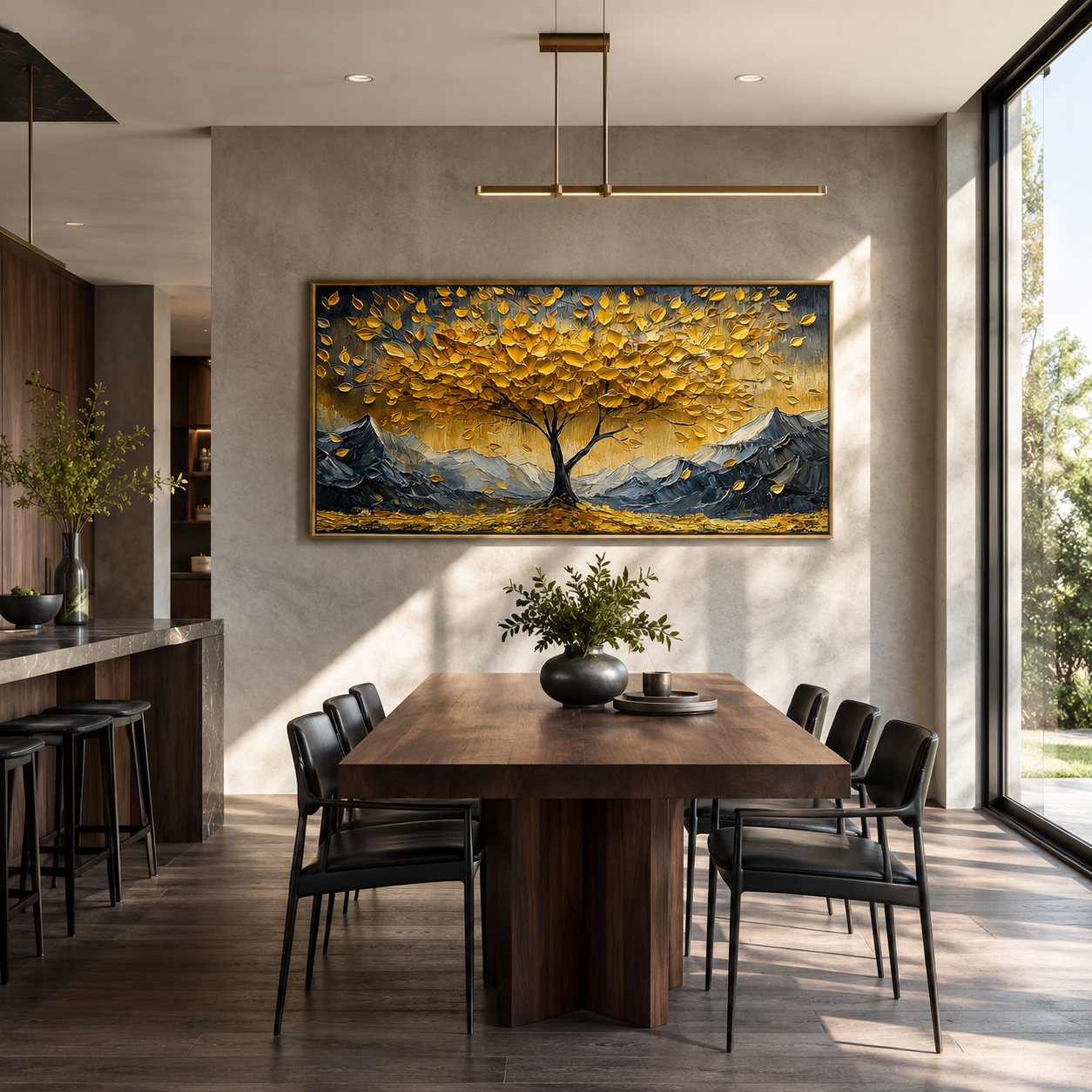 “Golden Abundance” – Textured Tree and Mountain Landscape Oil Painting