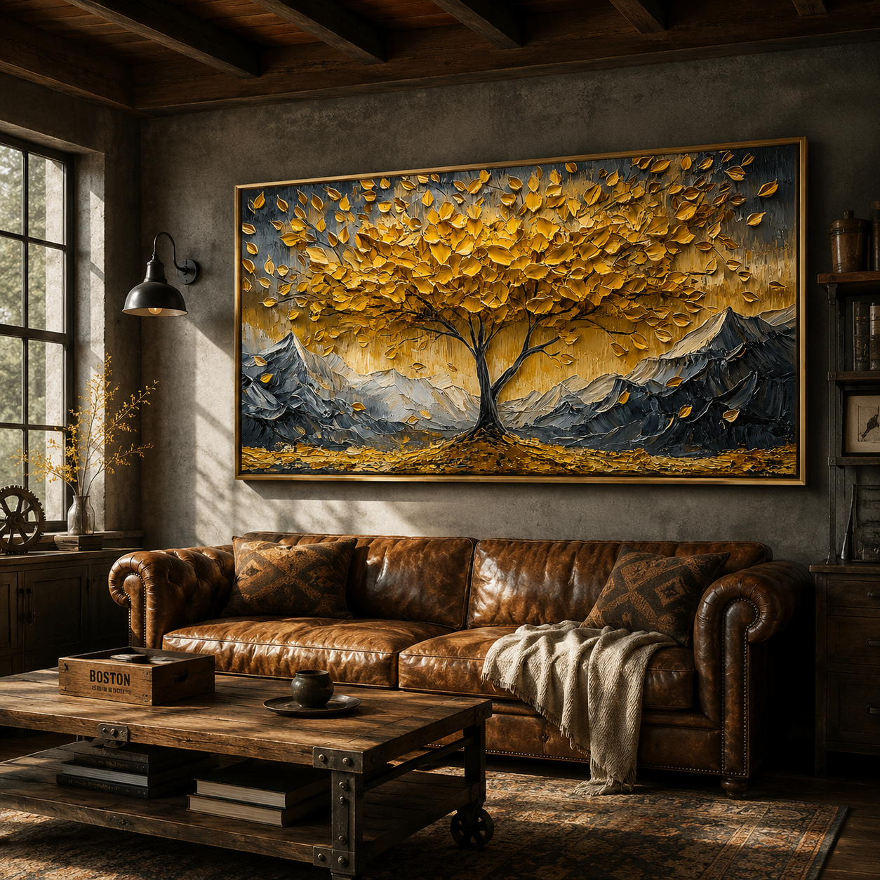“Golden Abundance” – Textured Tree and Mountain Landscape Oil Painting