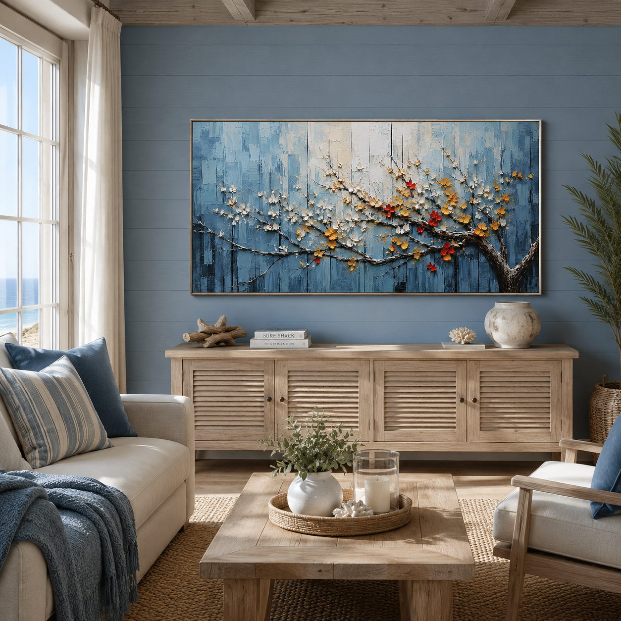 “Blossoms in Blue Silence” – Textured Floral Branch Oil Painting