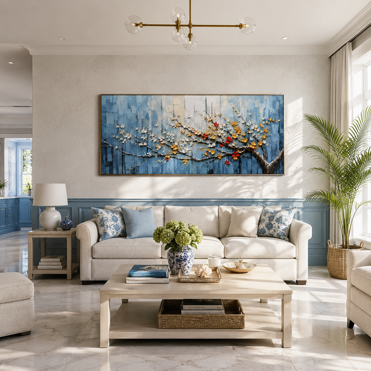 “Blossoms in Blue Silence” – Textured Floral Branch Oil Painting