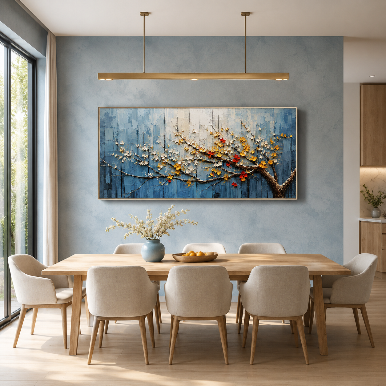 “Blossoms in Blue Silence” – Textured Floral Branch Oil Painting