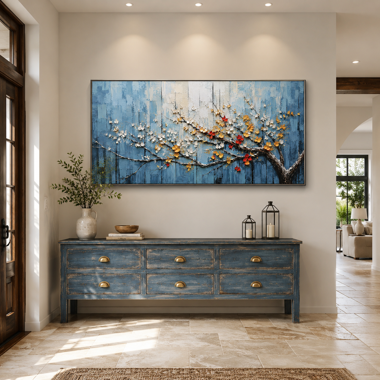 “Blossoms in Blue Silence” – Textured Floral Branch Oil Painting