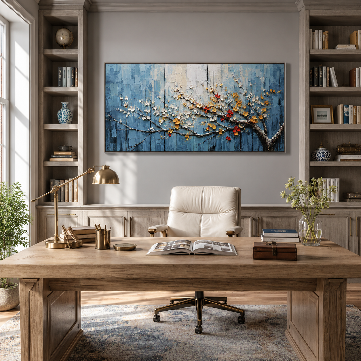 “Blossoms in Blue Silence” – Textured Floral Branch Oil Painting