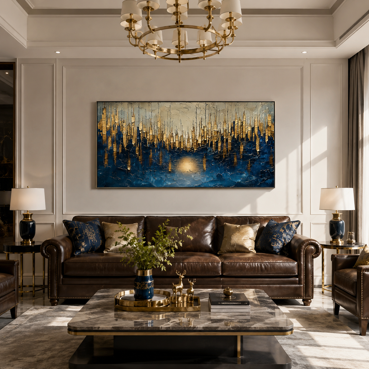 “Golden Metropolis” – Blue and Gold Abstract Cityscape Oil Painting